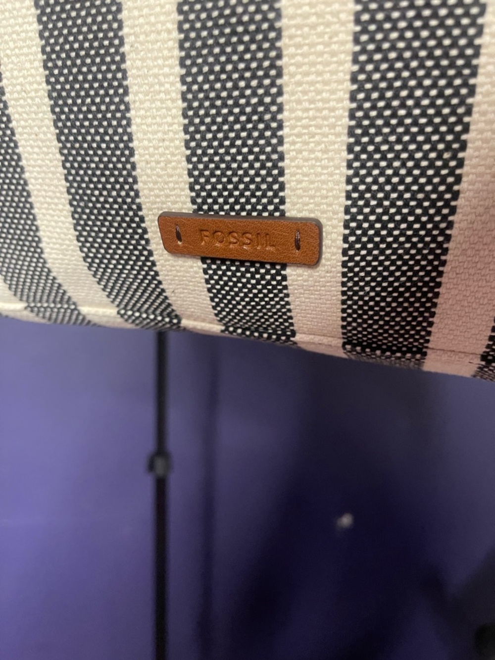 Fossil Black & Cream Striped Canvas Tote with Brown Leather Handles - Picture 4 of 4